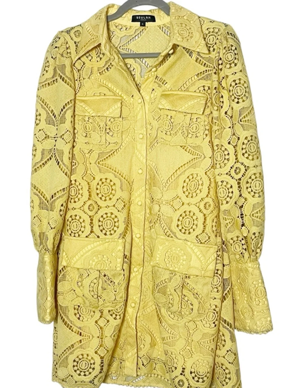 Beleuh yellow Lace Shirt Dress Button Front Crochet Pockets Boho Resort small - Picture 3 of 7
